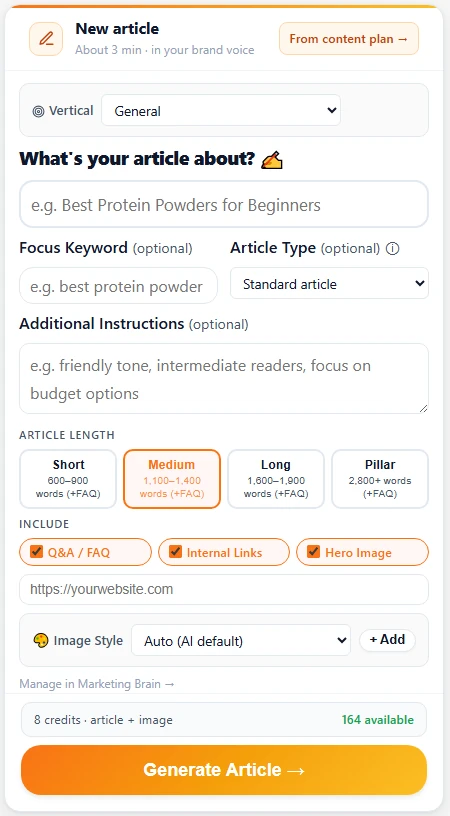 TalkGenAI Create Article form with fields for topic, focus keyword, article type, additional instructions, article length (Short, Medium, Long, Pillar), and checkboxes for Q&A/FAQ, internal links and hero image